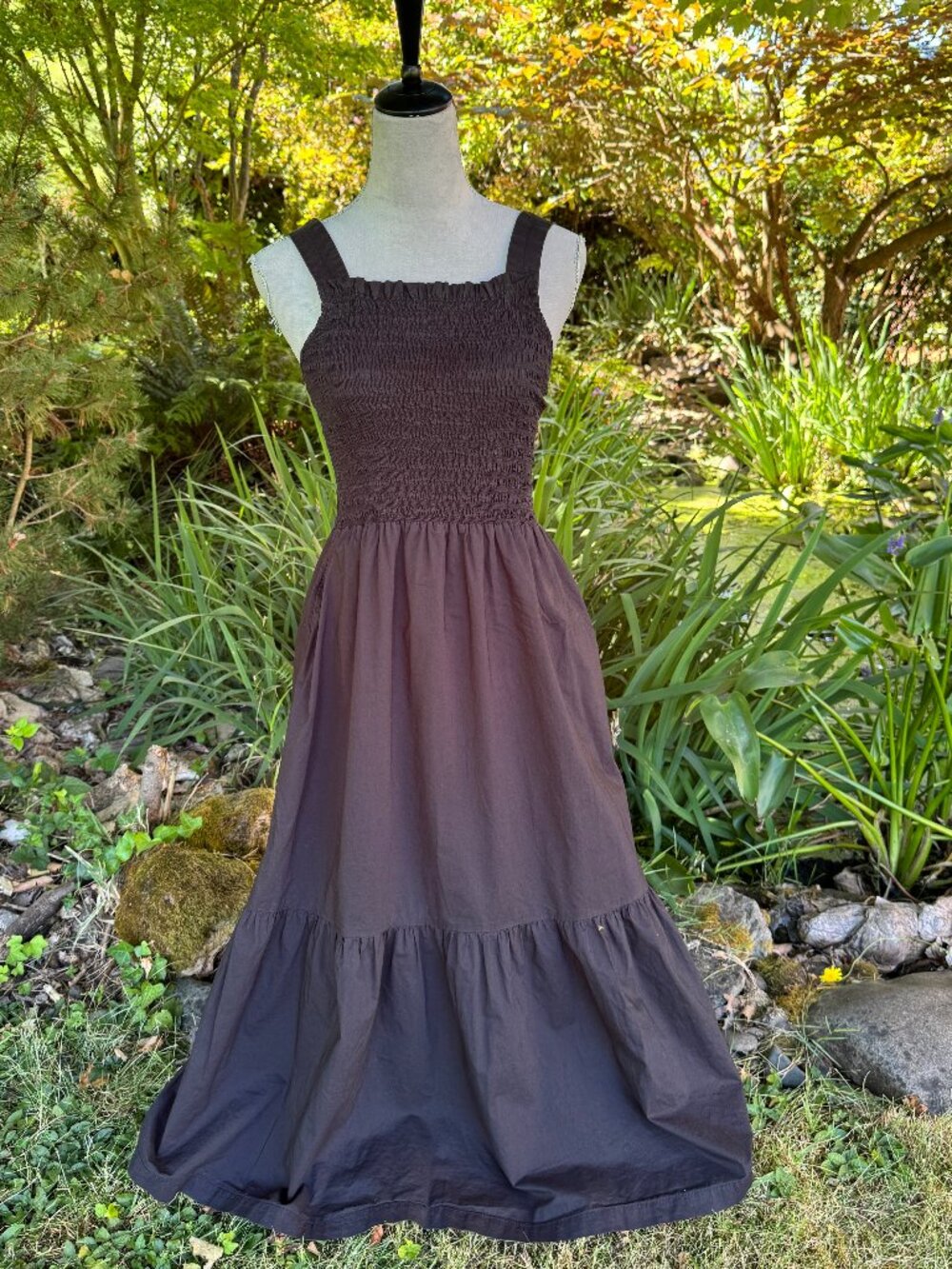 EVERLANE Dress, Midi, Black, Smocked bodice, Tiered, Sleeveless, Size S